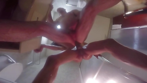 Shemale amateur couple plays threesome in the bathroom