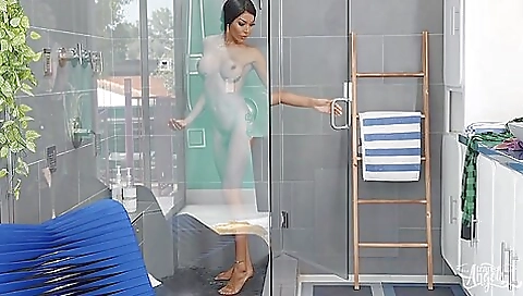 Ebony shemale takes a big dick in her mouth and ass