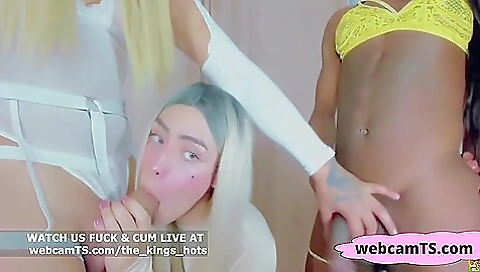 Ebony slut and black shemale are getting fucked together